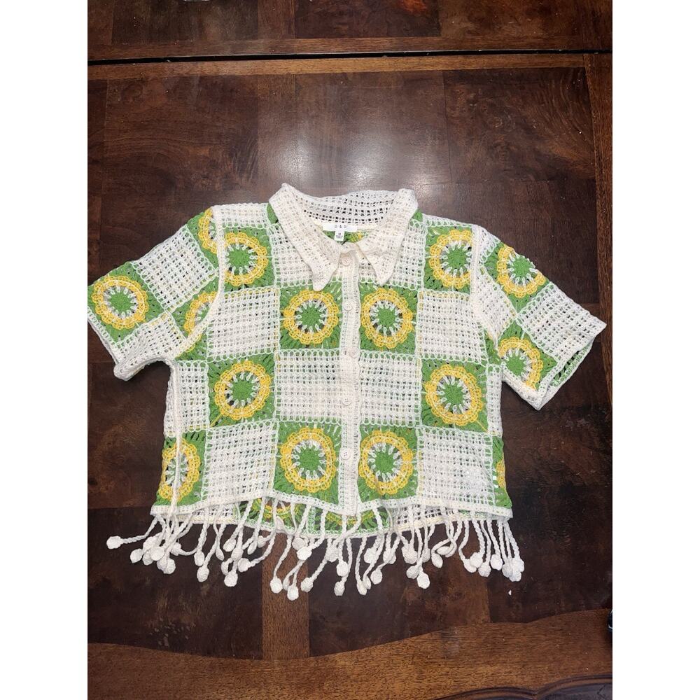 Women’s Yellow And Green Granny Square Crochet Button Up Top Cardigan Medium G&D